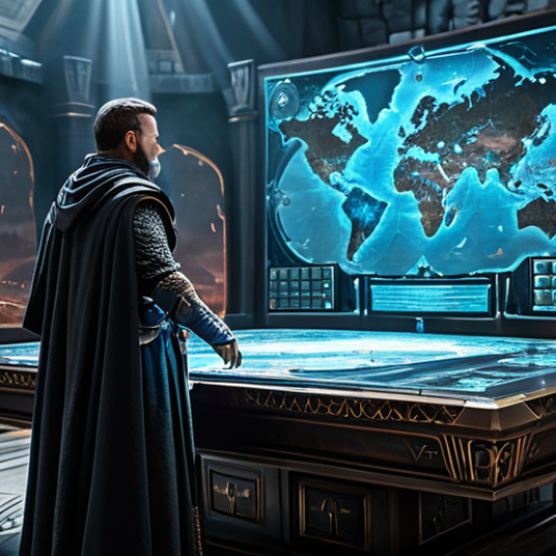Home 15 A professional fantasy strategist, fully clothed in intricate, modest battle attire, intently observing a holographic war table displaying a complex strategic map of a fantastical realm. The commander stands in a grand, stone command chamber overlooking a vast, epic battlefield in the distance, bathed in dramatic, cinematic lighting. Perfect anatomy, correct proportions, natural pose, well-formed hands, proper finger count, natural body proportions. Professional photography, highly detailed, realistic fantasy art, wide angle shot, safe for work, appropriate content, fully clothed, family-friendly.
