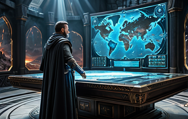 A professional fantasy strategist, fully clothed in intricate, modest battle attire, intently observing a holographic war table displaying a complex strategic map of a fantastical realm. The commander stands in a grand, stone command chamber overlooking a vast, epic battlefield in the distance, bathed in dramatic, cinematic lighting. Perfect anatomy, correct proportions, natural pose, well-formed hands, proper finger count, natural body proportions. Professional photography, highly detailed, realistic fantasy art, wide angle shot, safe for work, appropriate content, fully clothed, family-friendly.