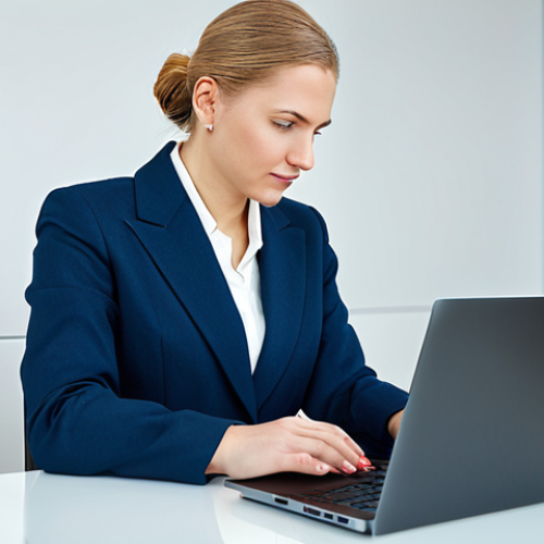 Home 7 ** A professional businesswoman in a tailored suit, working on a laptop in a bright, modern Moscow office. Fully clothed, appropriate attire, safe for work, perfect anatomy, natural proportions, professional photography, high quality.
**