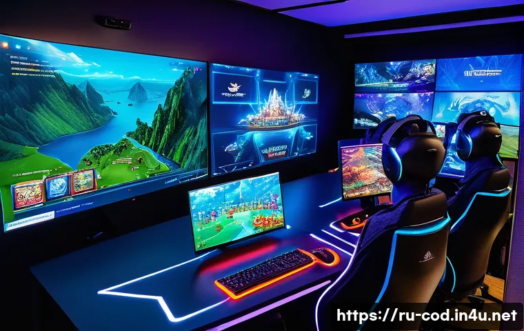 콜오브드래곤즈 해외 서버 접속법 - A detailed, dynamic gaming setup showing a diverse group of Russian-speaking players connecting to i...