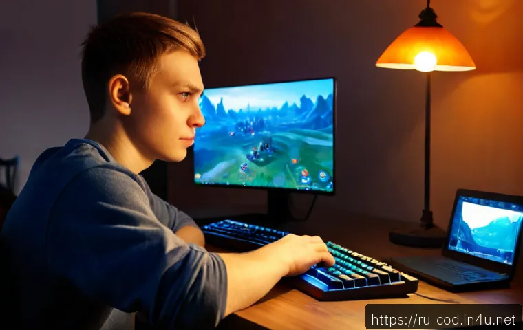 Home 17 콜오브드래곤즈 계급 올리는 방법 - Photorealistic Russian young adult gamer at a clean home desk, focused on a large monitor showing a ...