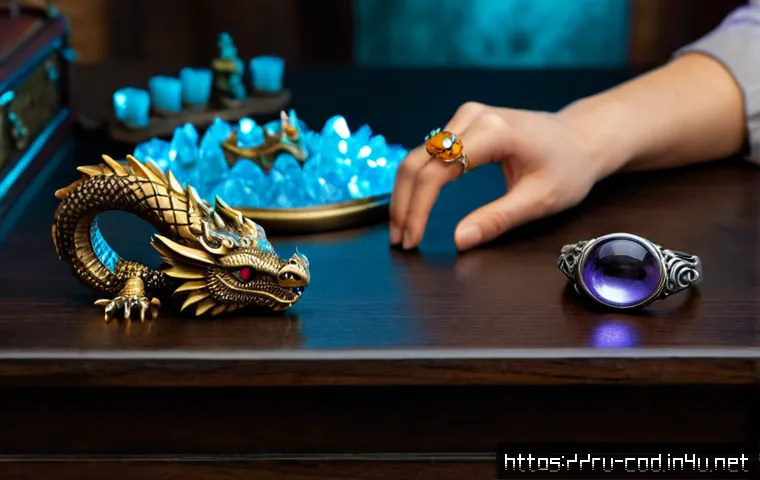 Home 17 콜오브드래곤즈 장신구 효과 분석 - Photorealistic fantasy gaming desk scene for analyzing magical accessories, three ornate dragon-them...