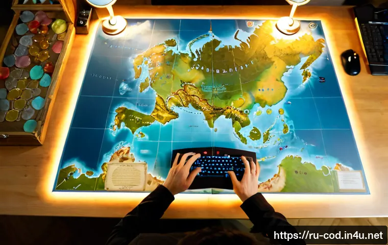 Home 17 콜오브드래곤즈 희귀 아이템 파밍 루트 - Photorealistic overhead view of a Russian strategy gamer’s desk, hands using a keyboard and mouse be...